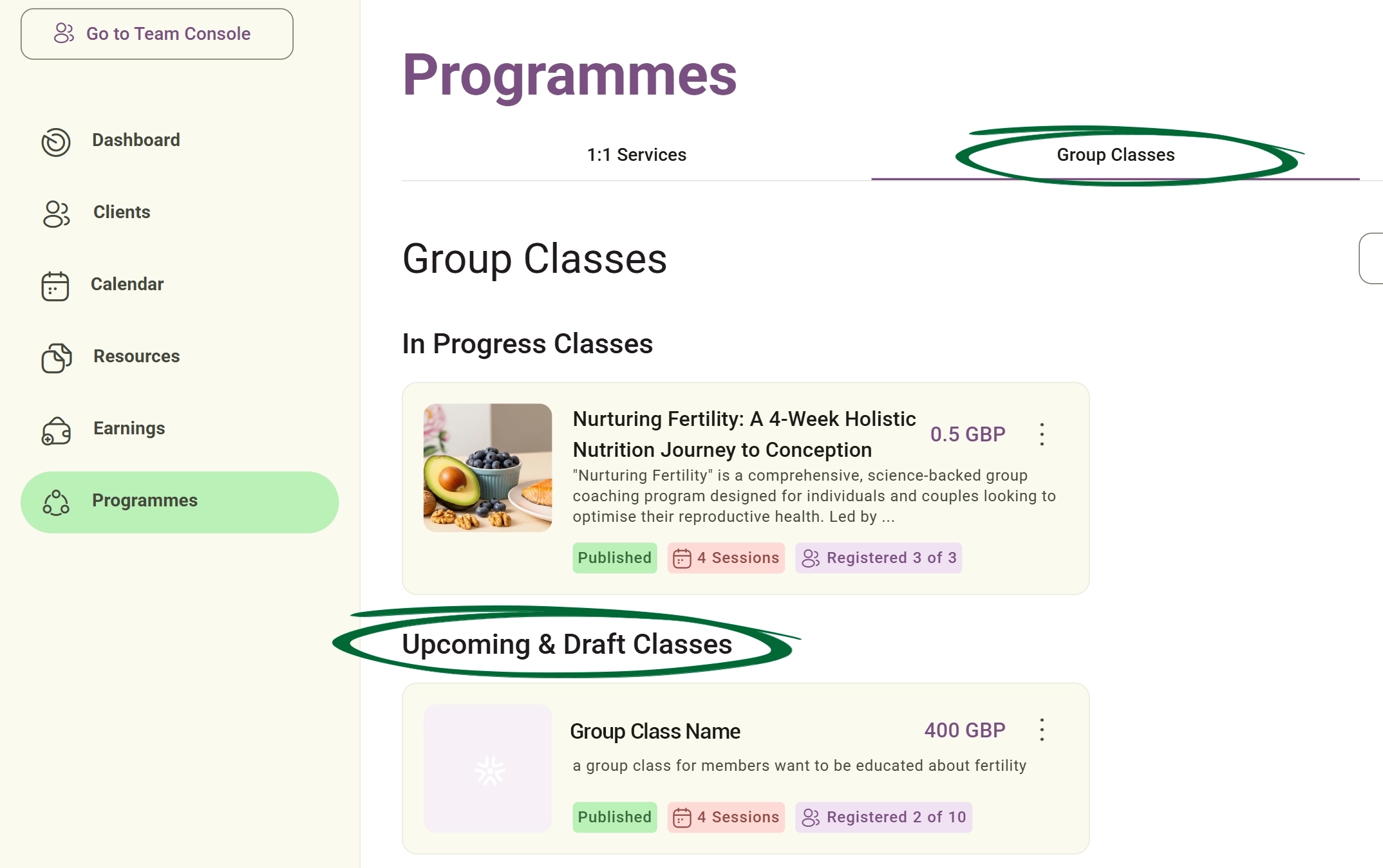 Go to Group classes screenshot